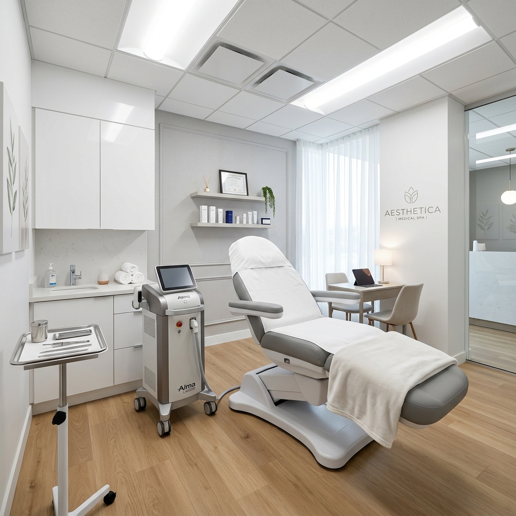 A modern, sterile aesthetic medical clinic room